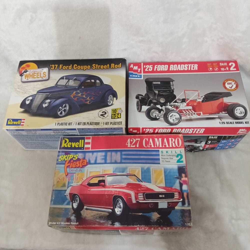 Revell AMT Model Car Kit Lot 37 Ford Coupe 25 Ford Roadster 427 Camaro 1:25 READ